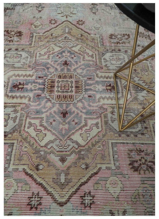 Beige, Peach and Silver Antique Finish Hand knotted Heriz Serapi 8X10 ft  wool Area Rug CP1815810S