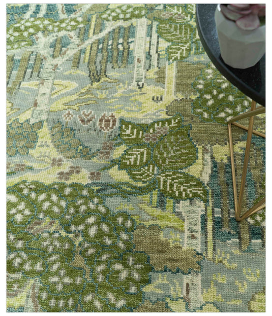 Custom Made Nature Theme Green And Gray Hand Knotted Wool Area Rug