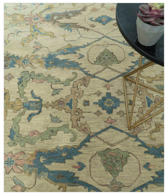 Beige And Blue Traditional Oushak Design Hand Tufted 8x10 ft Bedroom, Living Room Rug Wool Area Rug