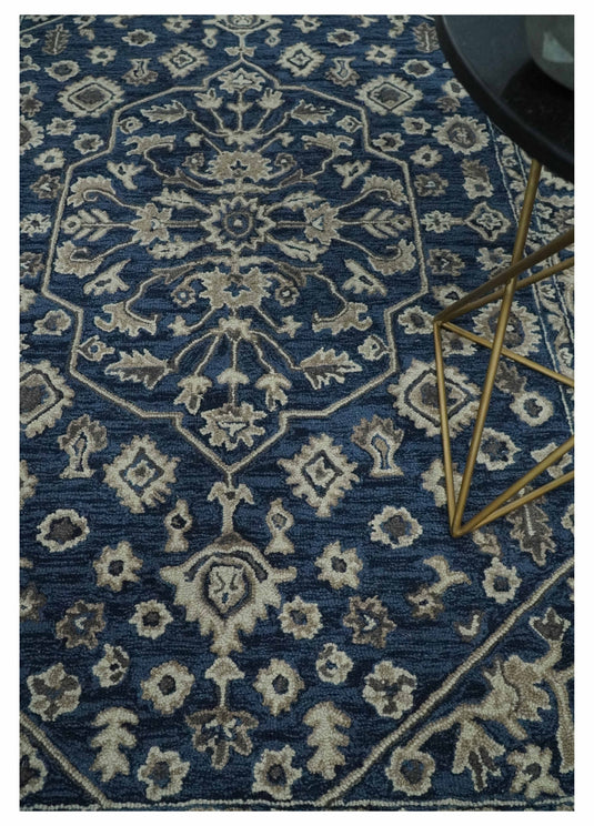 Custom Made Hand Tufted Navy Blue and Beige Traditional Medallion Wool Area Rug