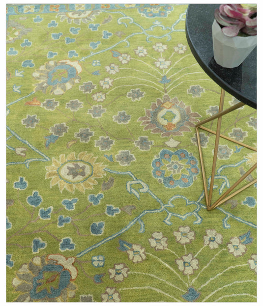 Custom Made Traditional Floral Green And Blue Hand Tufted Wool Area Rug