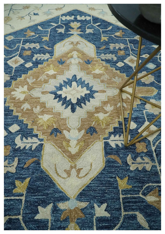 Custom Made Traditional Floral Blue, Silver, Ivory And Rust Hand Tufted wool Area Rug