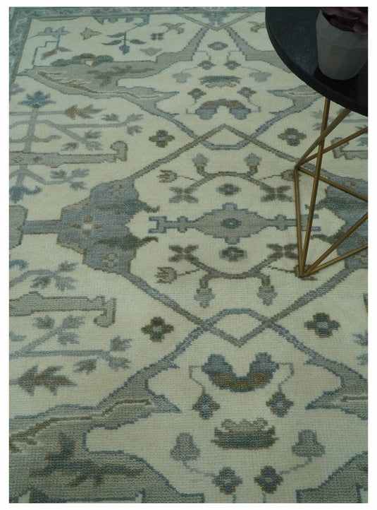 Ivory And Gray Oriental Oushak Hand Knotted Wool Rug 8x10 ft Ideal for Living, Bedroom And Dining Rooms