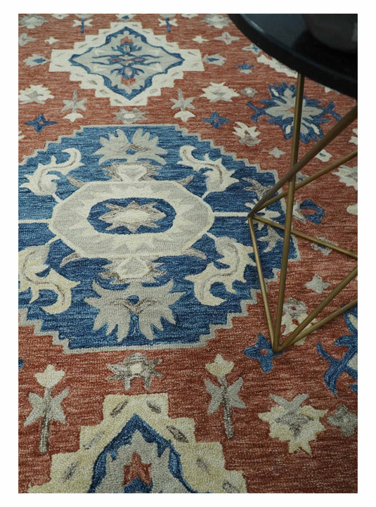 Custom Made Traditional Motifs Rust, Blue, And Ivory Hand Tufted Wool Area Rug