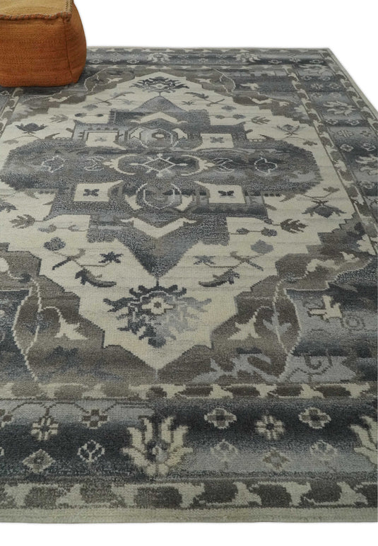 Traditional Persian Ivory, Gray, Charcoal and Greenish Gray Hand knotted 8x10 ft wool Area Rug