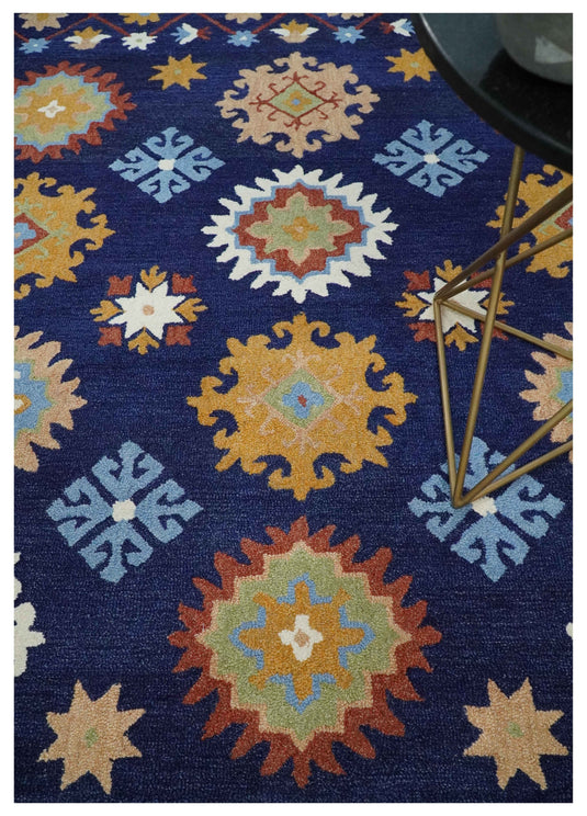 Custom Made Blue, Aqua, Maroon And Camel Hand Tufted  Wool Area Rug