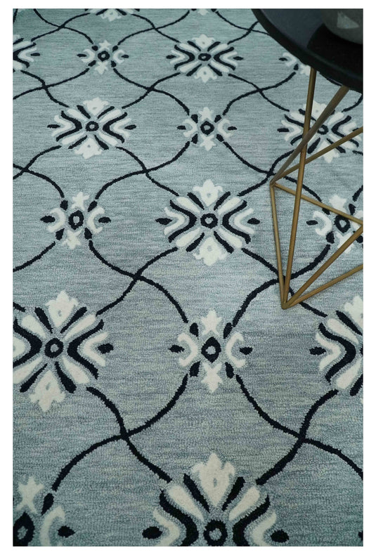 Custom Made Traditional Pattern Gray, Ivory And Black Hand Tufted  Wool Area Rug