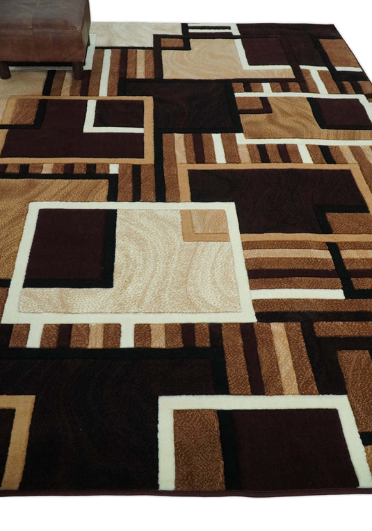 Modern Geometrical Pattern Beige, Brown, Black And White Hand Woven 6x8 ft Bedroom, Living Room Rug Polyester Area Rug