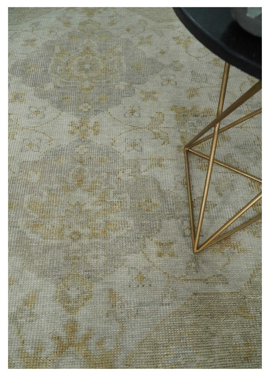 Custom Made Traditional Floral Pattern Ivory And Brown Hand Knotted Wool Area Rug