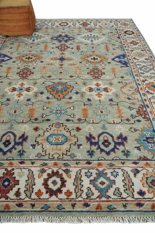 Custom Made Turkish Antique Green And Ivory Traditional Hand Knotted Oushak Wool Area Rug