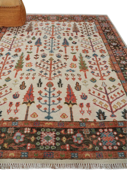 Custom Made Traditional Ivory, Brown And Rust Tree Of Life Hand Knotted Oushak Wool Area Rug