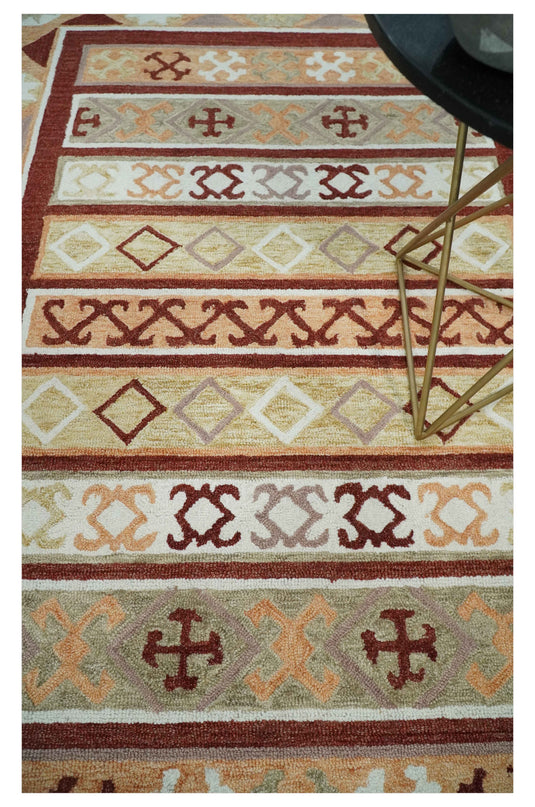 Custom Made Geometrical Maroon, Ivory, Beige And Light peach Hand Tufted  Wool Area Rug