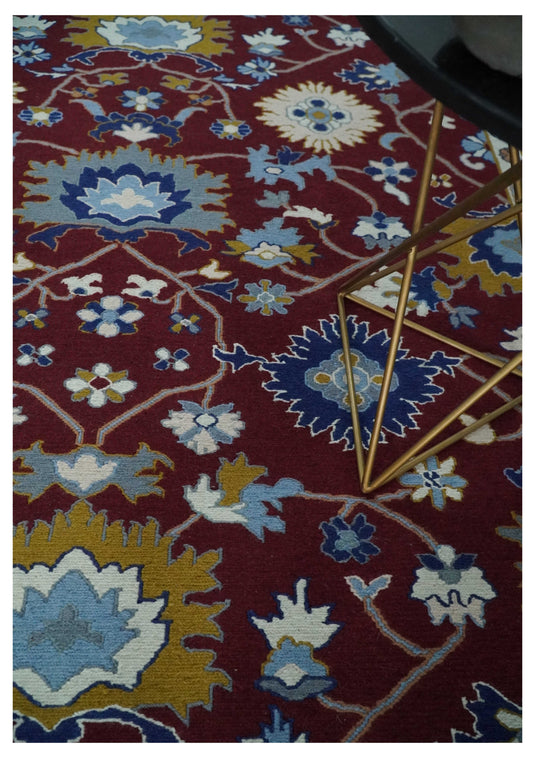 Traditional Oriental Oushak Hand knotted Maroon and Blue 8x10 ft Bedroom, Living Room Rug ,wool Area Rug