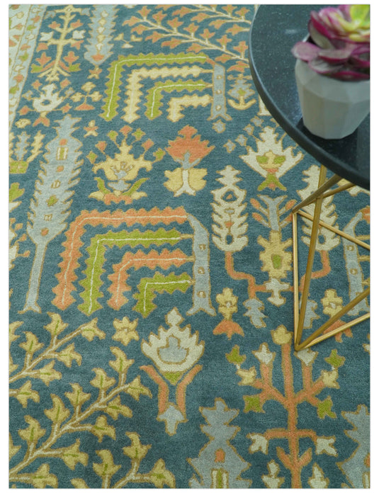 Traditional Tree of Life Teal And Beige Hand Tufted 8x10 ft Bedroom, Living Room Rug Wool Area Rug