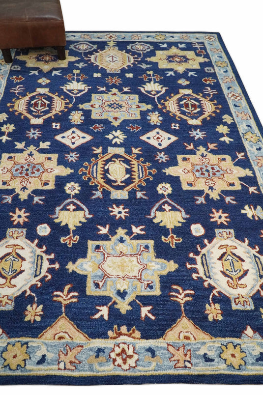 Custom Made Traditional Pattern Blue, Ivory, Gold And Rust Hand Tufted  Wool Area Rug