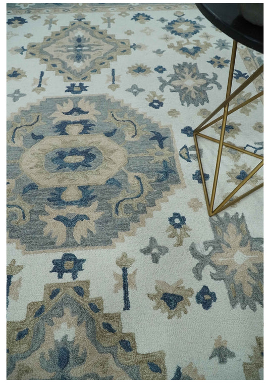 Custom Made Ivory, Beige, Gray And Blue Traditional Medallion Hand Tufted Wool Area Rug