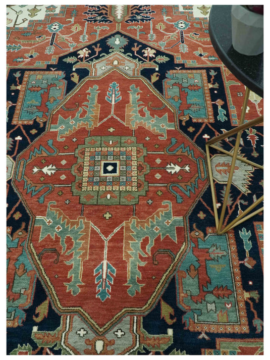 Hand Knotted Traditional Heriz Rust, Black, Blue And Ivory Wool Rug 9x12 ft Ideal for Living, Bedroom And Dining Rooms | CP1959912