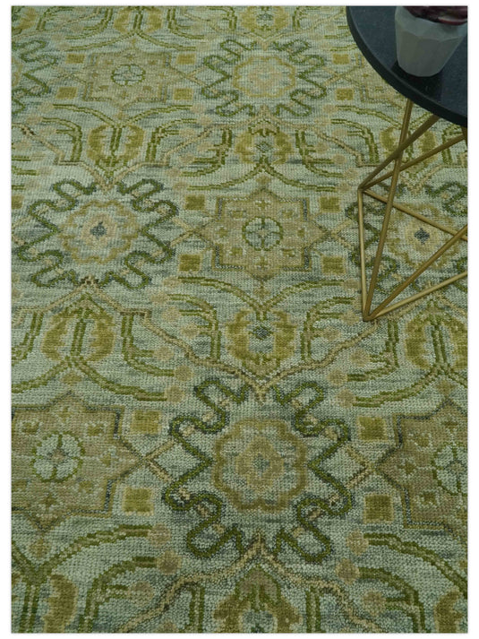 Hand Knotted Green, Silver And Olive Traditional Floral Motifs Wool Rug 8x10 ft Ideal for Living, Bedroom And Dining Rooms