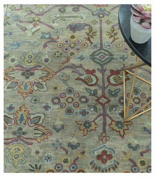 Custom Made Traditional Floral Green And Brown Hand Tufted Wool Area Rug
