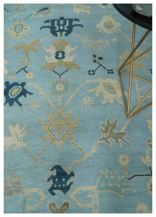 Custom Made Hand Knotted Oushak Blue, Ivory And Beige Wool Area Rug