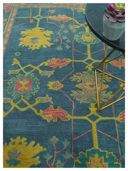 Traditional Oushak Blue And Yellow Hand Tufted 8x10 ft Bedroom, Living Room Rug Wool Area Rug
