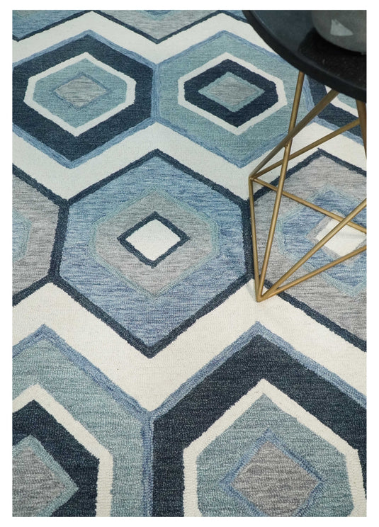 Custom Made Geometrical Honeycomb Pattern Ivory, Blue And Gray Hand Tufted  Wool Area Rug