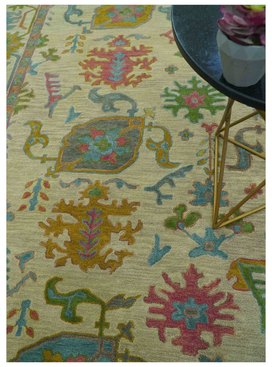 Custom Made Beige And Colorful Traditional Oushak Hand Tufted Wool Area Rug