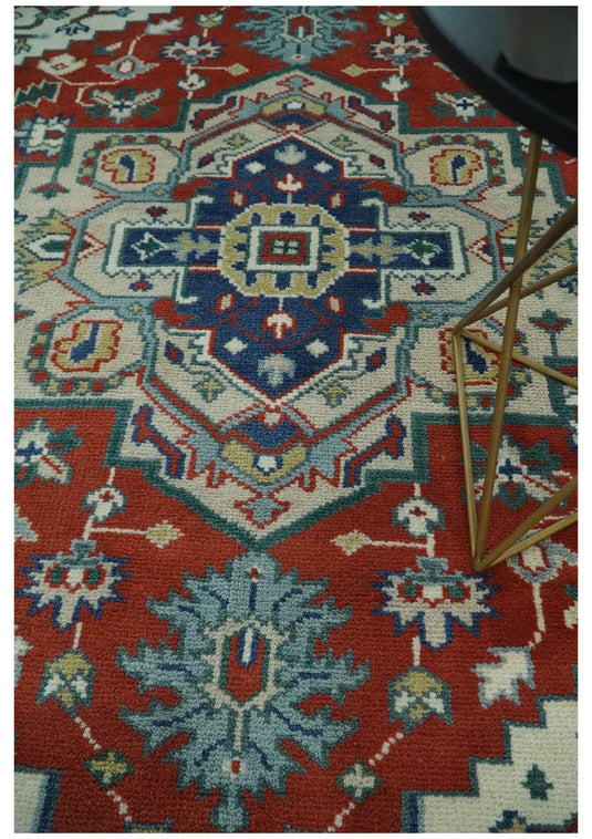 Custom Made Traditional Medallion Pattern Red, Blue and Ivory Hand Knotted wool Area Rug