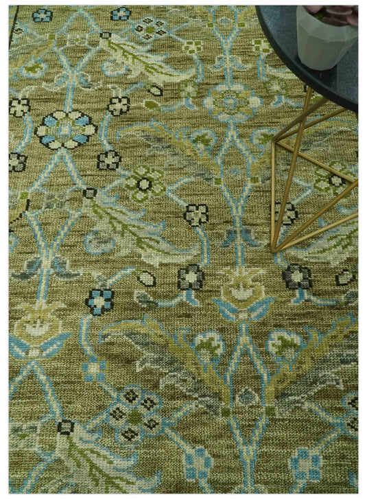 Custom Made Hand Knotted Green, Grey And Blue Traditional Floral Wool Area Rug