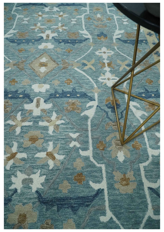 Custom Made Oriental Blue, Beige, Brown And Ivory Hand Tufted Wool Area Rug