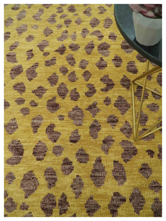 Custom Made Hand Knotted Leopard Design Mustard And Brown Wool Area Rug