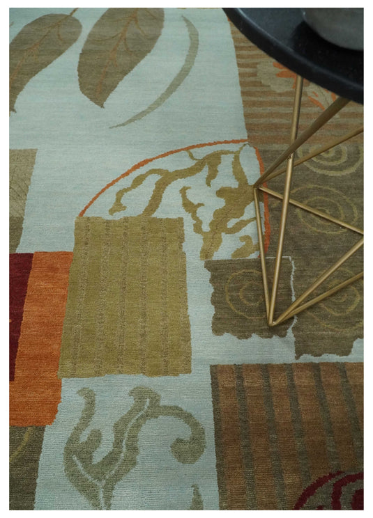 Traditional Leaf Block Print Handloom Green, Aqua and Olive 5x8 ft Bedroom, Living Room Rug , Wool  Area Rug AAOC858