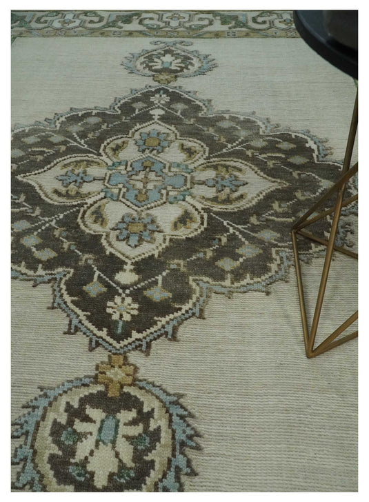 Traditional Persian Oushak Hand Knotted Beige,Charcoal and Gold Multi Size Ideal for Living, Bedroom, and Dining Room