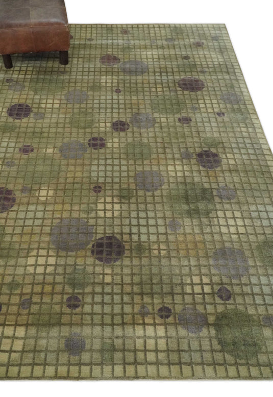 Modern Geometrical Pattern Hand Knotted Olive 5x8 ft Bedroom, Living Room Rug , Wool and Viscose Area Rug AAOC1258