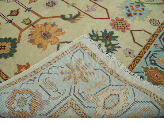 Traditional Oriental Colorful Oushak Hand knotted Beige and Aqua 9x12 ft Bedroom, Living Room Rug ,wool Area Rug