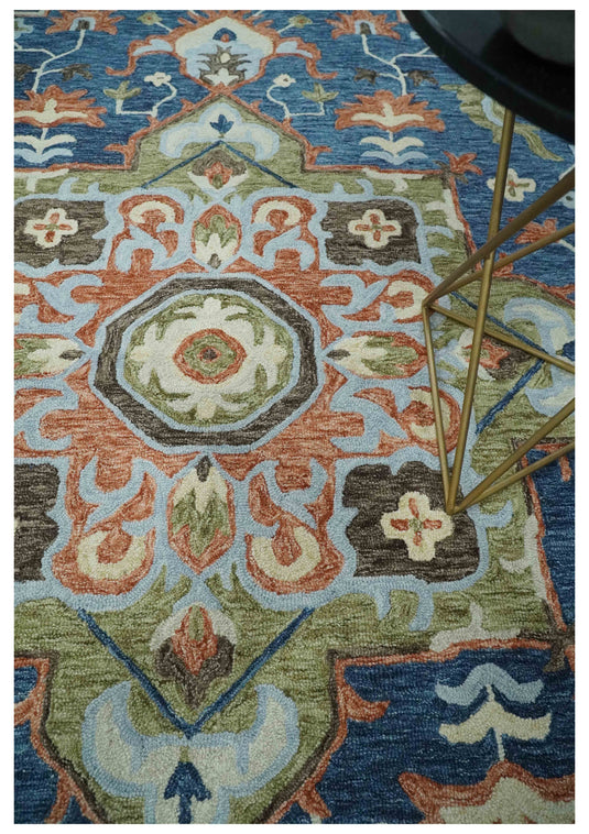 Custom Made Medallion Blue, Rust, Olive And Ivory Hand Tufted Wool Area Rug