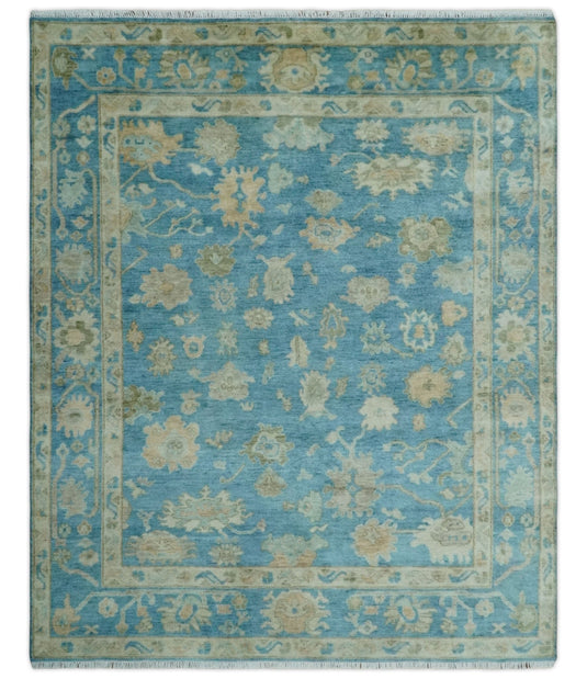 Hand Knotted Oriental Oushak Rug Blue and Beige Multi Size Ideal for Living, Bedroom, and Dining Rooms