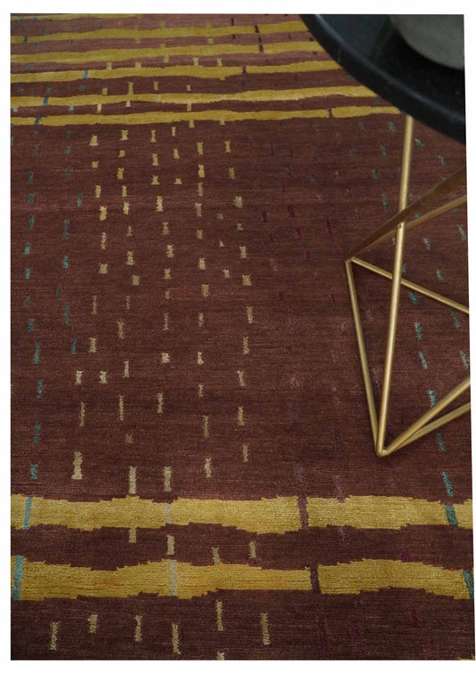 Stripe Pattern Hand knotted Brown and Gold 5x7 ft Bedroom, Living Room Rug , Wool Silk Area Rug AAOC257