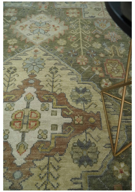 Traditional Hand knotted Ivory, Green and Beige Multi Size Traditional Heriz Serapi wool area rug