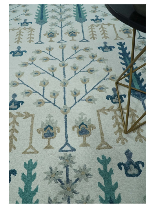 Custom Made Tree Of Life Ivory, Teal, Beige And Silver Hand Tufted Wool Area Rug