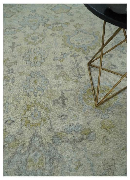 Antique Look Hand Knotted Oushak Rug Beige and Grey 9x12 ft Ideal for Living, Bedroom, and Dining Rooms