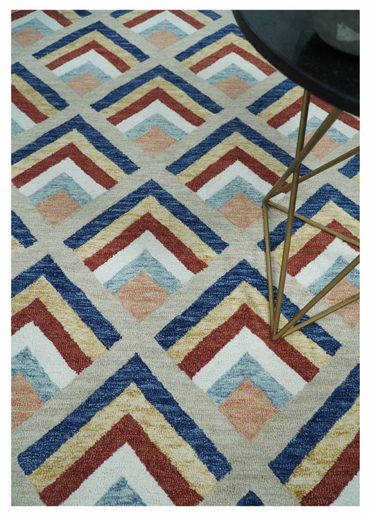 Custom Made Multicolor Modern Geometrical Chevron Pattern Hand Tufted Wool Area Rug