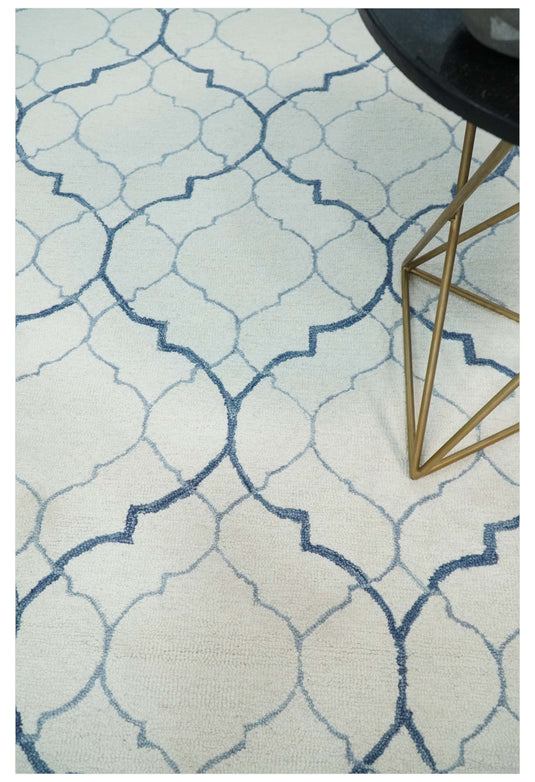 Custom Made Geometrical Trellis Ivory, Blue And Gray Hand Tufted Wool Area Rug