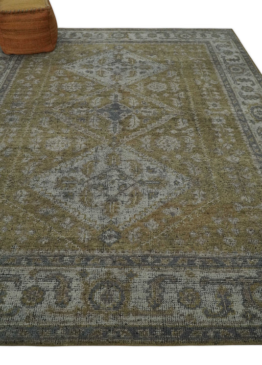 Traditional Antique Pattern Gold, Gray And Ivory Hand Knotted 8x10 ft Bedroom, Living Room Rug Wool Area Rug