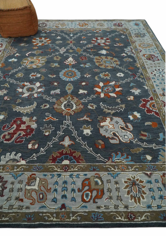 Custom Made Antique Floral Traditional Oushak Charcoal, Silver And Maroon Hand Tufted Oushak Wool Area Rug