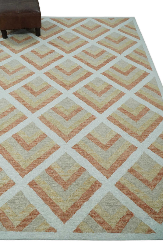 Custom Made Ivory, Dark Peach, Yellow And Light Beige Modern Geometrical Hand Tufted Wool Area Rug