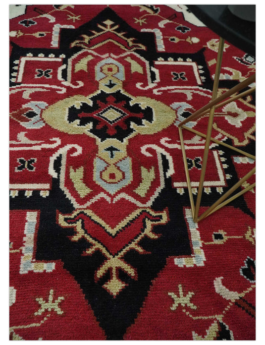 Traditional Pattern Red, Black, Ivory And Beige Hand Knotted 7.8x10 ft wool Area Rug