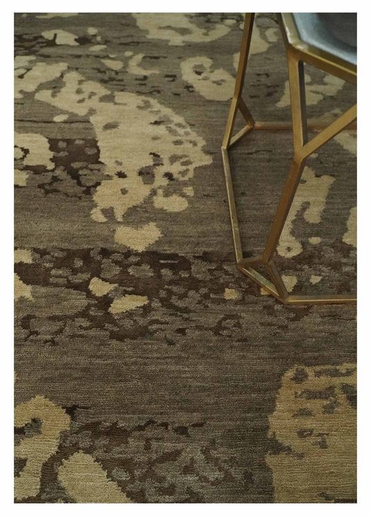 Abstract Handloom Brown and Beige 5x8 ft Bedroom, Living Room Rug Wool and Art Silk Area Rug