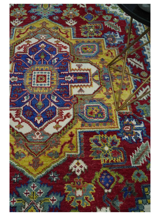 Multi Size Traditional Heriz Serapi Ivory, Gold and Electric Blue wool Area Rug