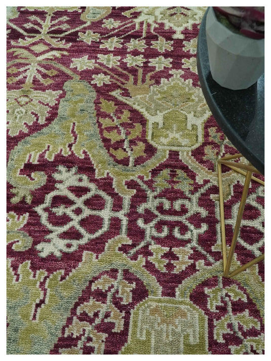 Custom Made Hand Knotted Antique Deep Maroon, Olive And Ivory Wool Area Rug